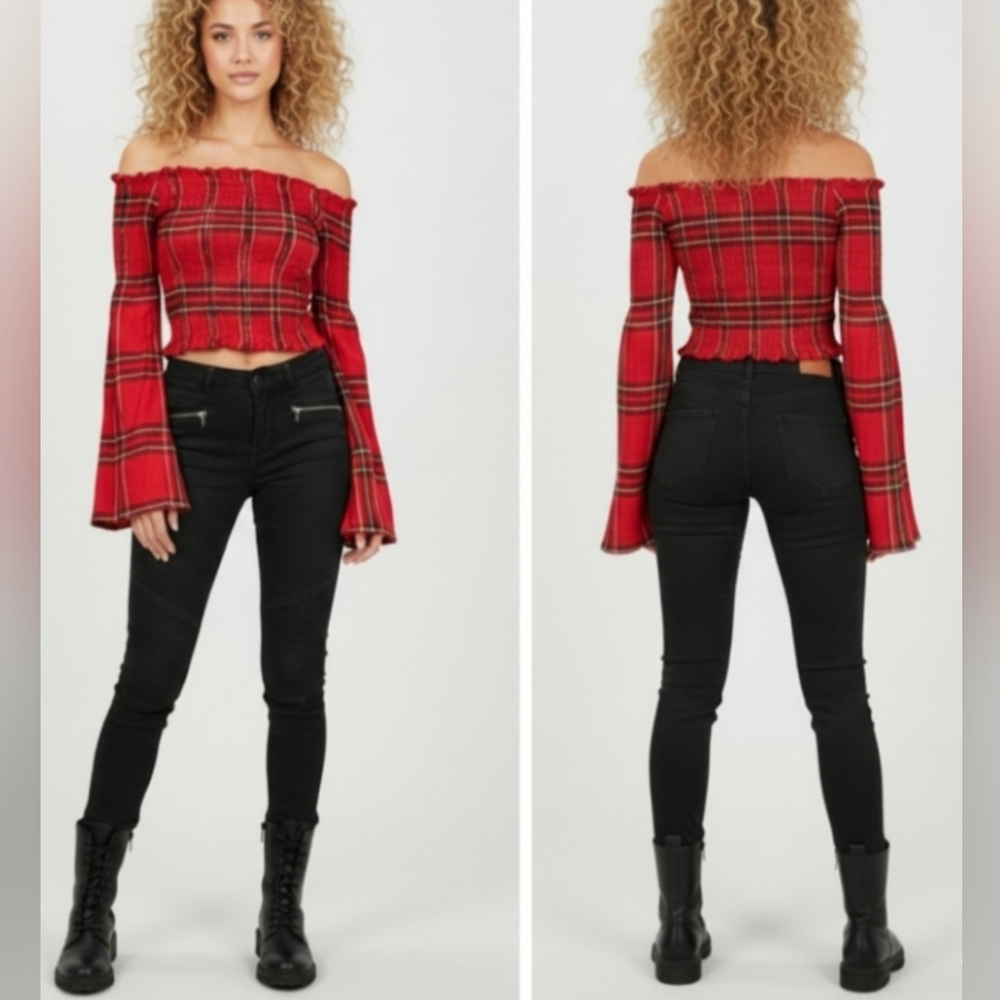 Nwt Red Plaid Off-the-Shoulder Bell Sleeve Top Crop Top Tartan Ruched